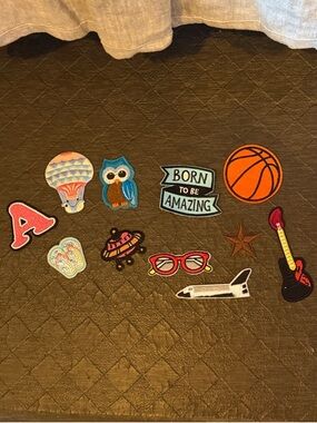 Assorted Iron-On Patches - Owl, Hot Air Balloon, Guitar, Basketball